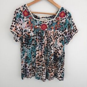 Savanna Jane Women's. Animal Print Blouse With Floral Embroidery